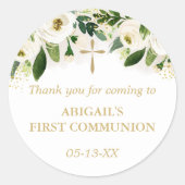 Wit Bloemen Goud Kruis Religieus Ronde Sticker (Voorkant)
