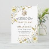 Wit Bloemen Goud Lijst Islamitisch Moslim Bruiloft Kaart (Staand voorkant)