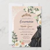 Wit Bloemen Goud Zwart Jurk Quinceanera Verjaardag Kaart (Voorkant)