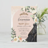 Wit Bloemen Goud Zwart Jurk Quinceanera Verjaardag Kaart (Staand voorkant)