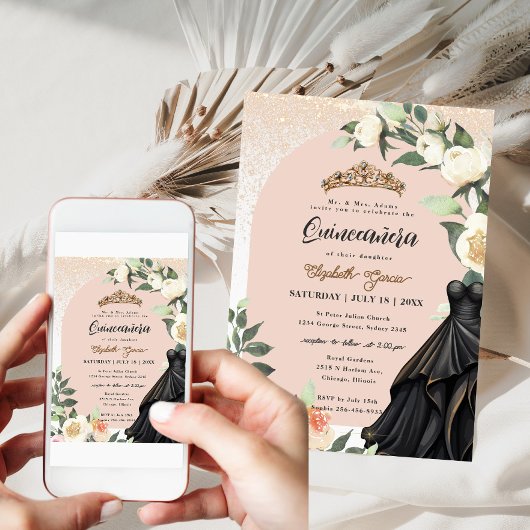 Wit Bloemen Goud Zwart Jurk Quinceanera Verjaardag Kaart