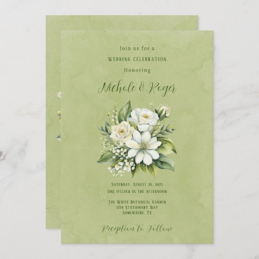Wit Bloemen Groen Geschilderd Bruiloft Viering Kaart (Voorkant / Achterkant)