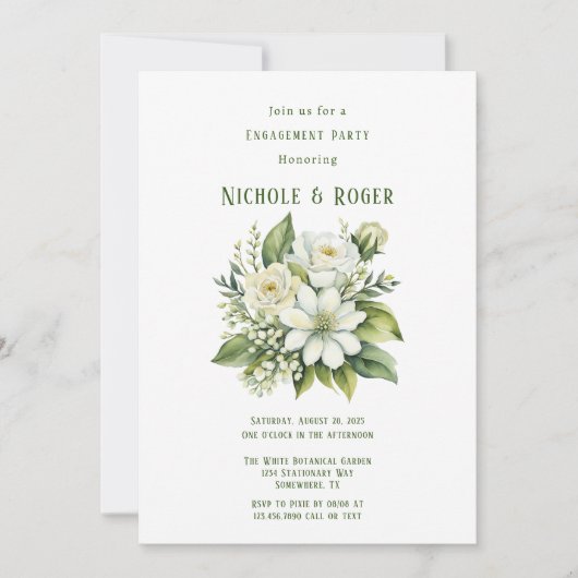 Wit Bloemen Groen Geschilderd Verlovingsfeest Kaart (Voorkant)