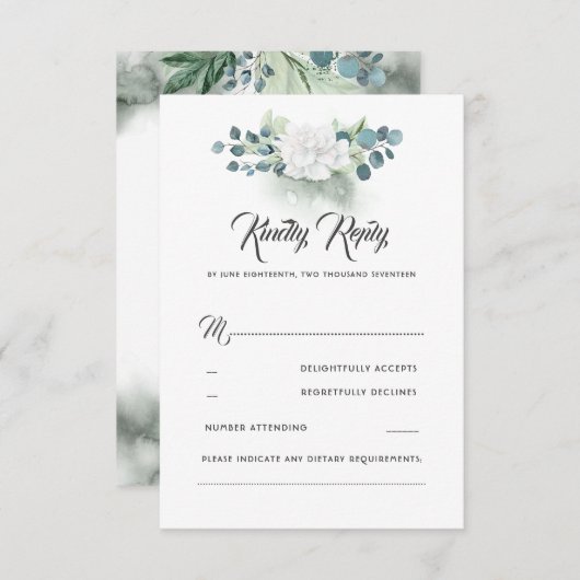 Wit Bloemen Groen Romantisch Bruiloft RSVP (Voorkant / Achterkant)