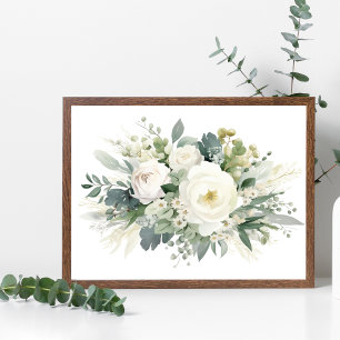 Wit Bloemen Groen Waterverf Wall Art Poster