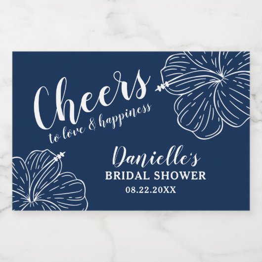 Wit Bloemen Hibiscus Mini Marine Blauw Sparkling Wijnetiket (Enkel label)