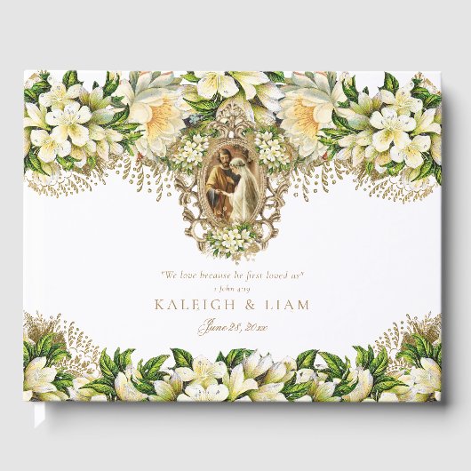 Wit Bloemen Katholiek Bruiloft Gastenboek (Voorkant)
