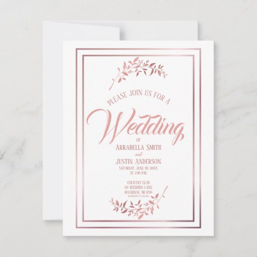 Wit Bloemen Roos Goud Script Elegante bruiloft Kaart (Voorkant)