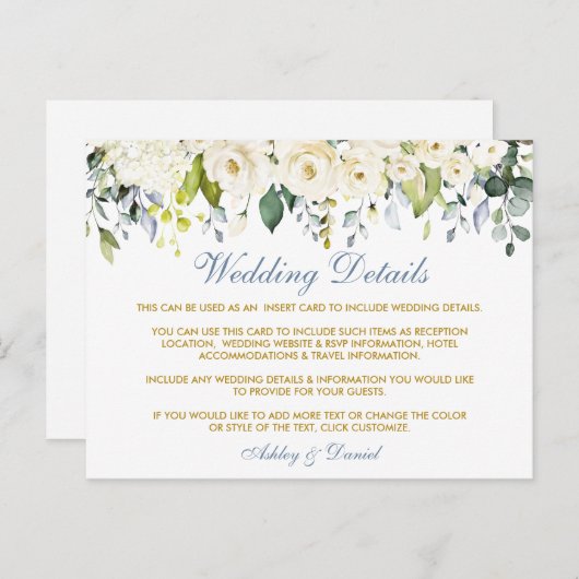 Wit Bloemen Stoffig Blauw Bruiloft Details Kaart (Voorkant / Achterkant)