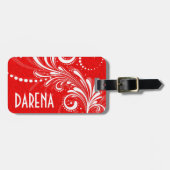 Wit Bloemen Swirl Rood Damasks Monogram Bagagelabel (Voorkant horizontaal)