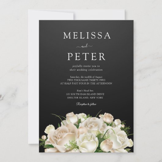 Wit Bloemen Zwart Elegant Minimalistisch Bruiloft Kaart (Voorkant)