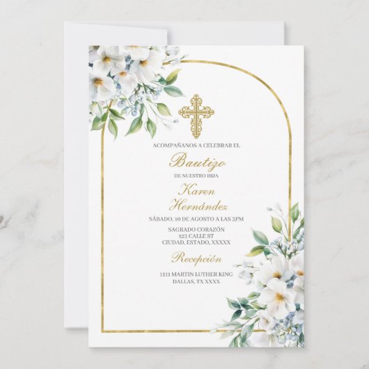 Wit bloemenboeket Doop Spaans Kaart (Voorkant)