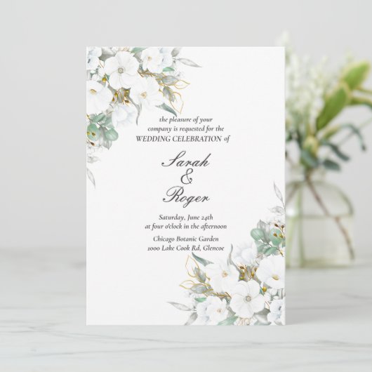 Wit Bloemengoud bladeren bruiloft uitnodiging (Staand voorkant)