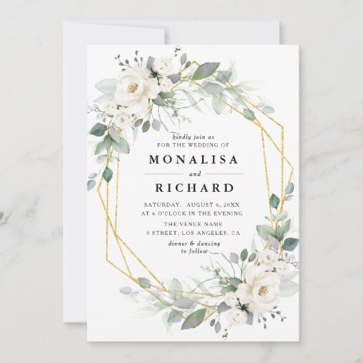 Wit bloemengoud lijst bruiloft kaart (Voorkant)
