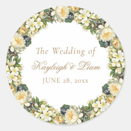  wit bloemengoud script bruiloft ronde sticker