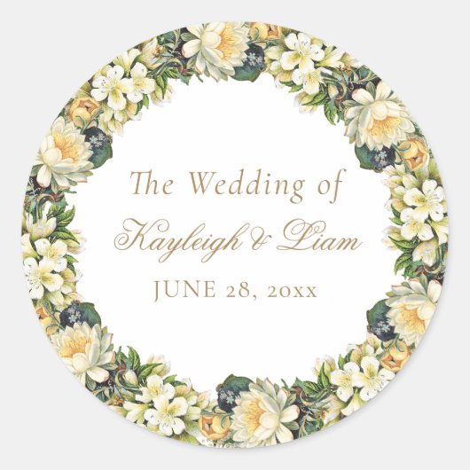 wit bloemengoud script bruiloft ronde sticker (Voorkant)