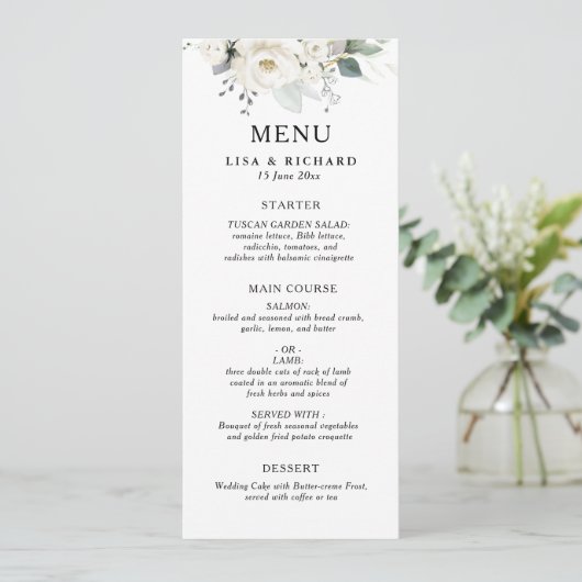wit bloemengroen bruiloft menu (Staand voorkant)