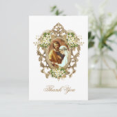  wit bloemenkatholiek bruiloft foto bedankkaart (Staand voorkant)