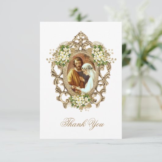  wit bloemenkatholiek bruiloft foto bedankkaart (Staand voorkant)