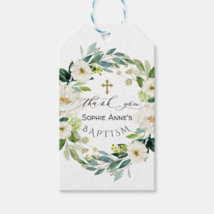 Wit bloemenkransteken van de doop in waterverf cadeaulabel