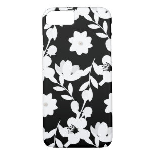 Wit bloemenontwerp met parel op zwart 	iPhone 8/7 hoesje