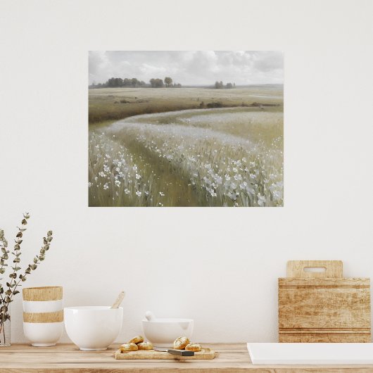 Wit-bloemenweillaverschilderij Poster (Keuken)