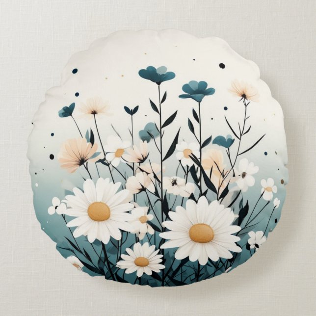 Wit Bloemgeel Ronde Kussen (Voorkant)