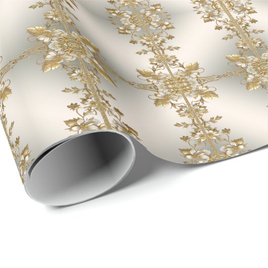 Wit Bloemgoud  inpakpapier (Rol Hoek)