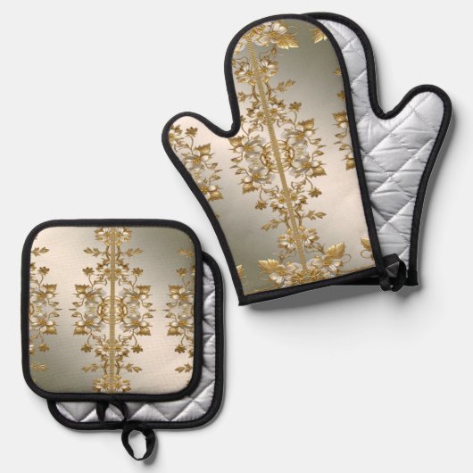 Wit Bloemgoud  Ovenwant & Pannenlap Set (Voorkant / Achterkant)