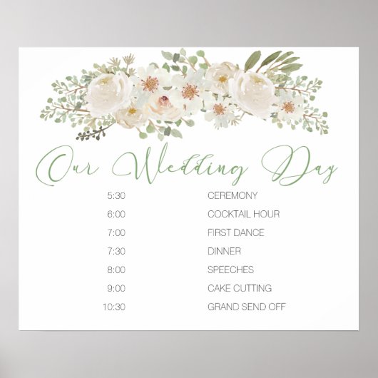 Wit bloemig elegant trouwdag schema bord poster (Voorkant)