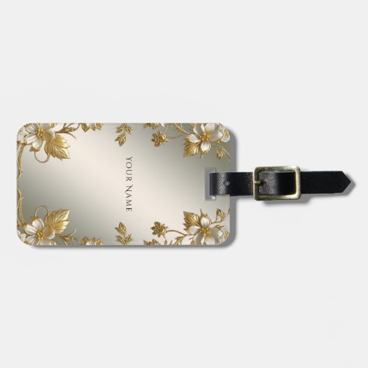 Wit Bloemig Goud  Bagagelabel (Voorkant horizontaal)