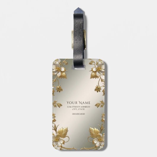 Wit Bloemig Goud Bagagelabel (Achterkant verticaal)