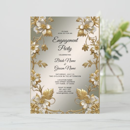 Wit Bloemig Goud  Verloving Kaart (Staand voorkant)