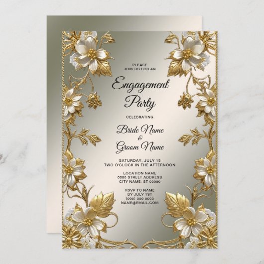 Wit Bloemig Goud  Verloving Kaart (Voorkant / Achterkant)