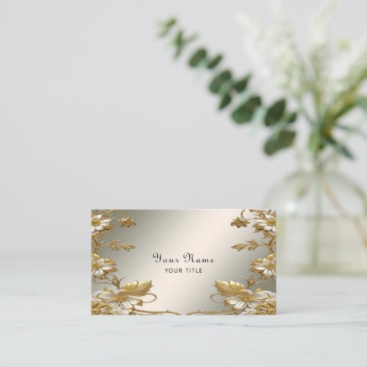 Wit Bloemig Goud Visitekaartje (Staand voorkant)