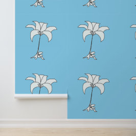 Wit bloemig lichtblauw behang