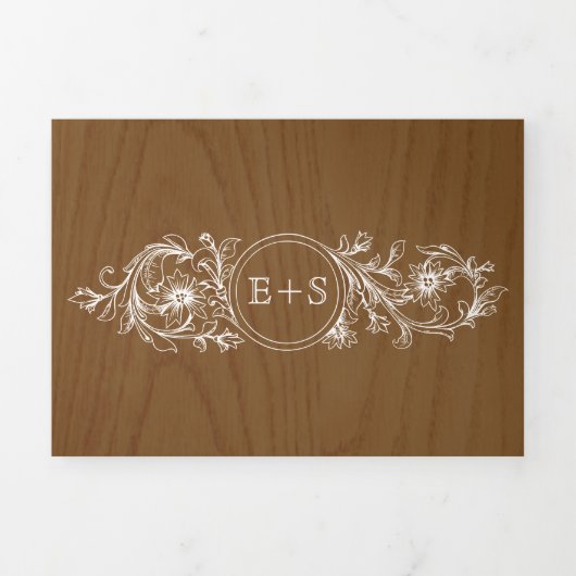 wit bloemig lijst, initialen houten bruiloft drieluik uitnodiging (Cover)