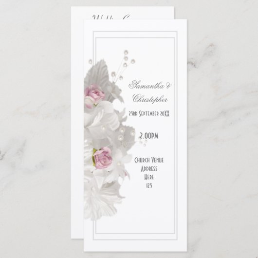 Wit bloemig roze roos kerk bruiloft programma programmakaart (Voorkant / Achterkant)