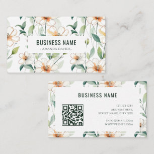 Wit bloemmotief groene begroeiing QR-code Visitekaartje