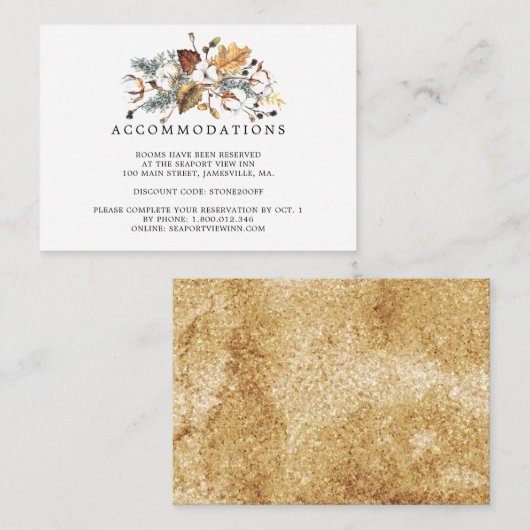 Wit bloemmotief herfstbladeren trouwlocatie informatiekaartje (Voorkant / Achterkant)