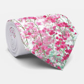 Wit bloemmotief met roze wilde bloemen stropdas (Opgerold)