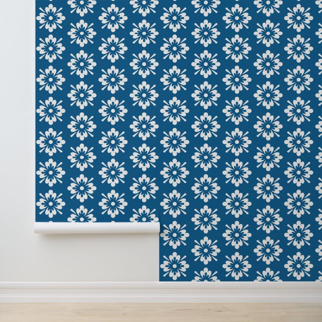 Wit bloemmotief op blauw behang (Applicatie)