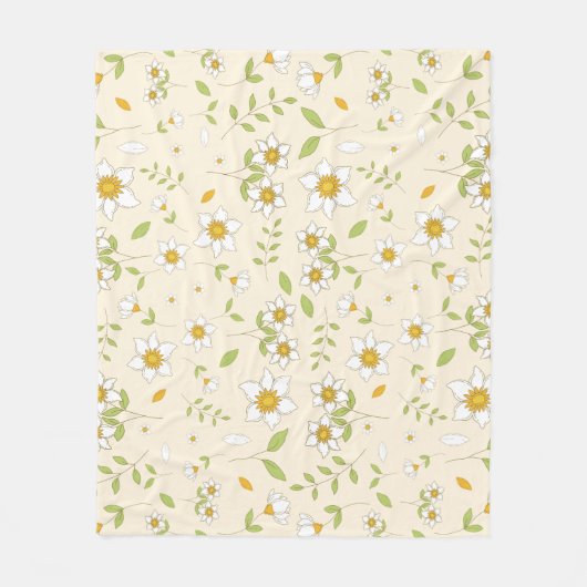 Wit bloemmotief op roomwit fleece deken (Voorkant)