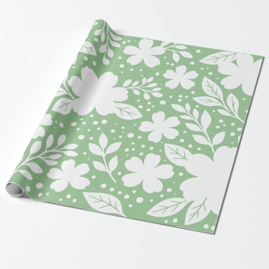 Wit bloemontwerp op een zachte groene achtergrond cadeaupapier (Uitgerold)