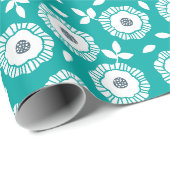 Wit bloempatroon op turquoise achtergrond cadeaupapier (Rol Hoek)