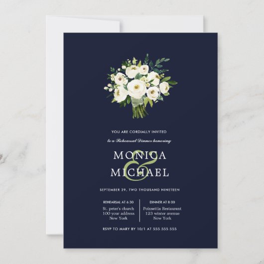 Wit Bloom blauw Boeket Bruiloft Repetitie Diner Kaart (Voorkant)