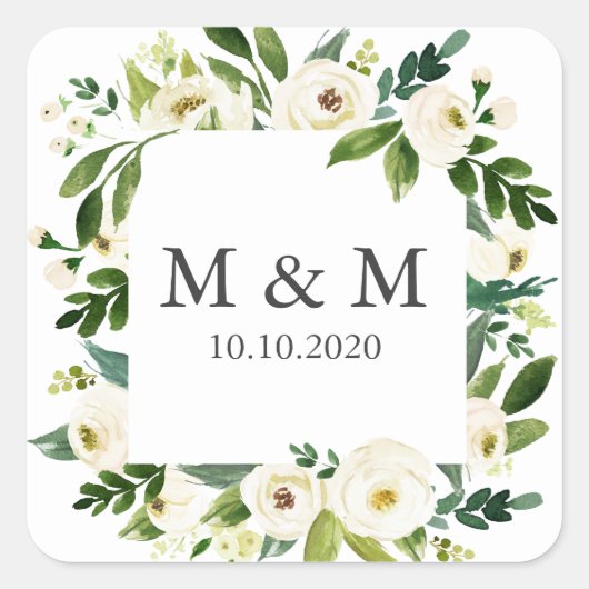 Wit Bloom Lijst Bloemen Bruiloft Classic Monogram Vierkante Sticker (Voorkant)