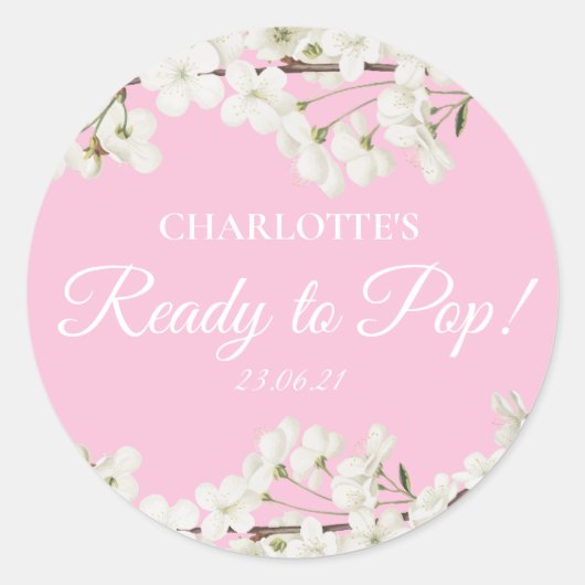 Wit Blossom Roze Klaar voor Pop Baby shower Ronde Sticker (Voorkant)
