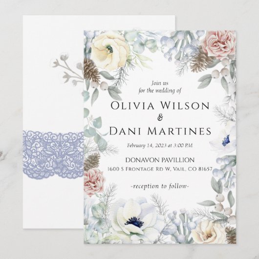 Wit Blush Blauw Bloemen Natuur Bruiloft Uitnodigin Kaart (Voorkant / Achterkant)
