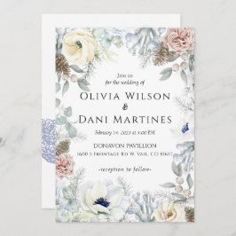 Wit Blush Blauw Bloemen Natuur Bruiloft Uitnodigin Kaart